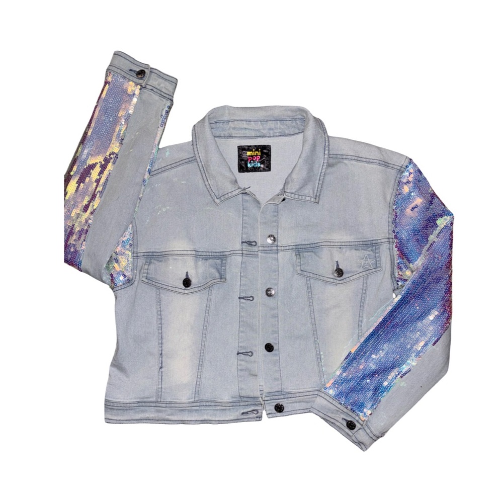 ✨ Mini Pop Kids 10-12 size Sequin Sleeve Denim Jacket "vintage" Y2K